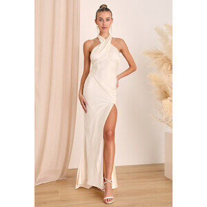 Lulus Start Of Forever Ivory Satin Halter Mermaid Maxi Dress White - Size L